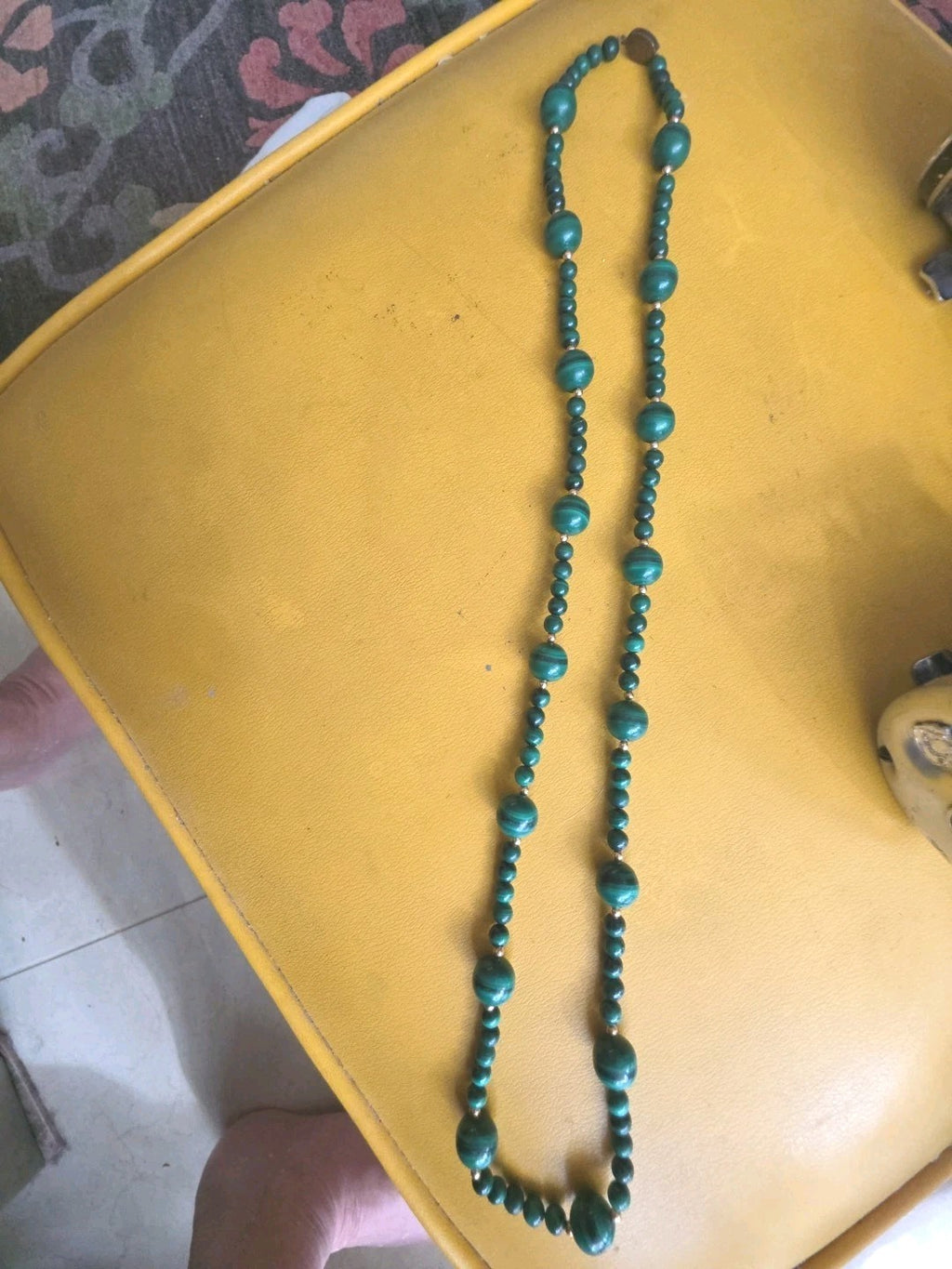 Vintage Genuine Malachite Long Strand Bead Necklace 30" Gold Beads