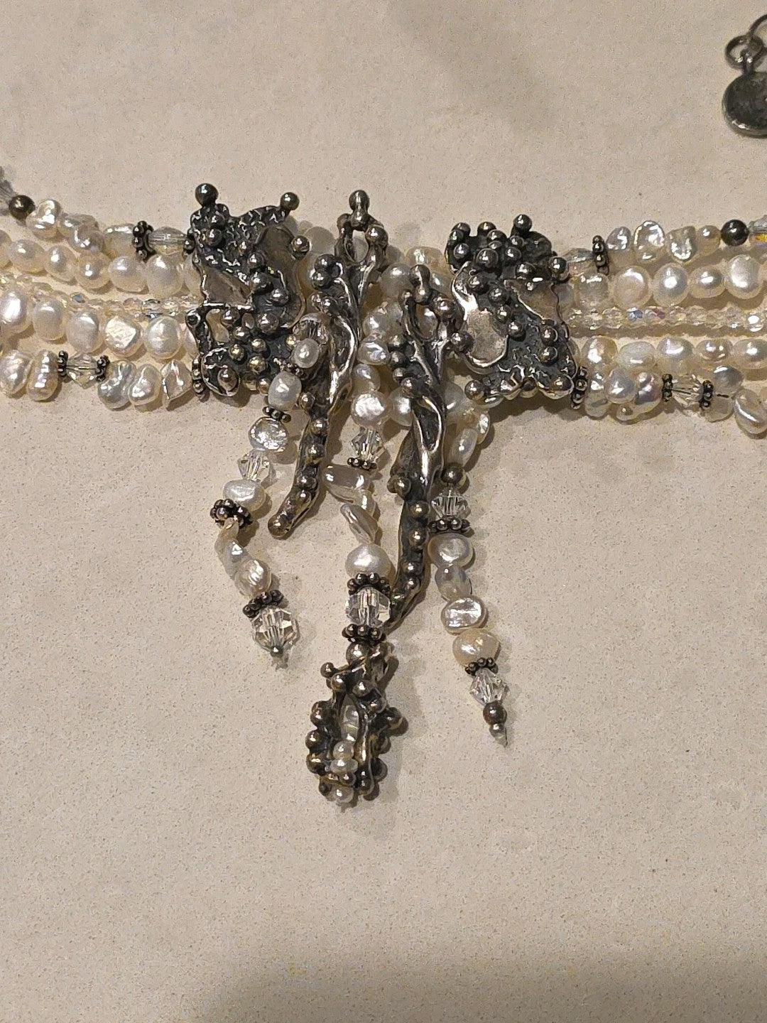 Vtg Sterling Mummy Necklace Choker MARY & DOUG HANCOCK Signed Freshwater Pearl