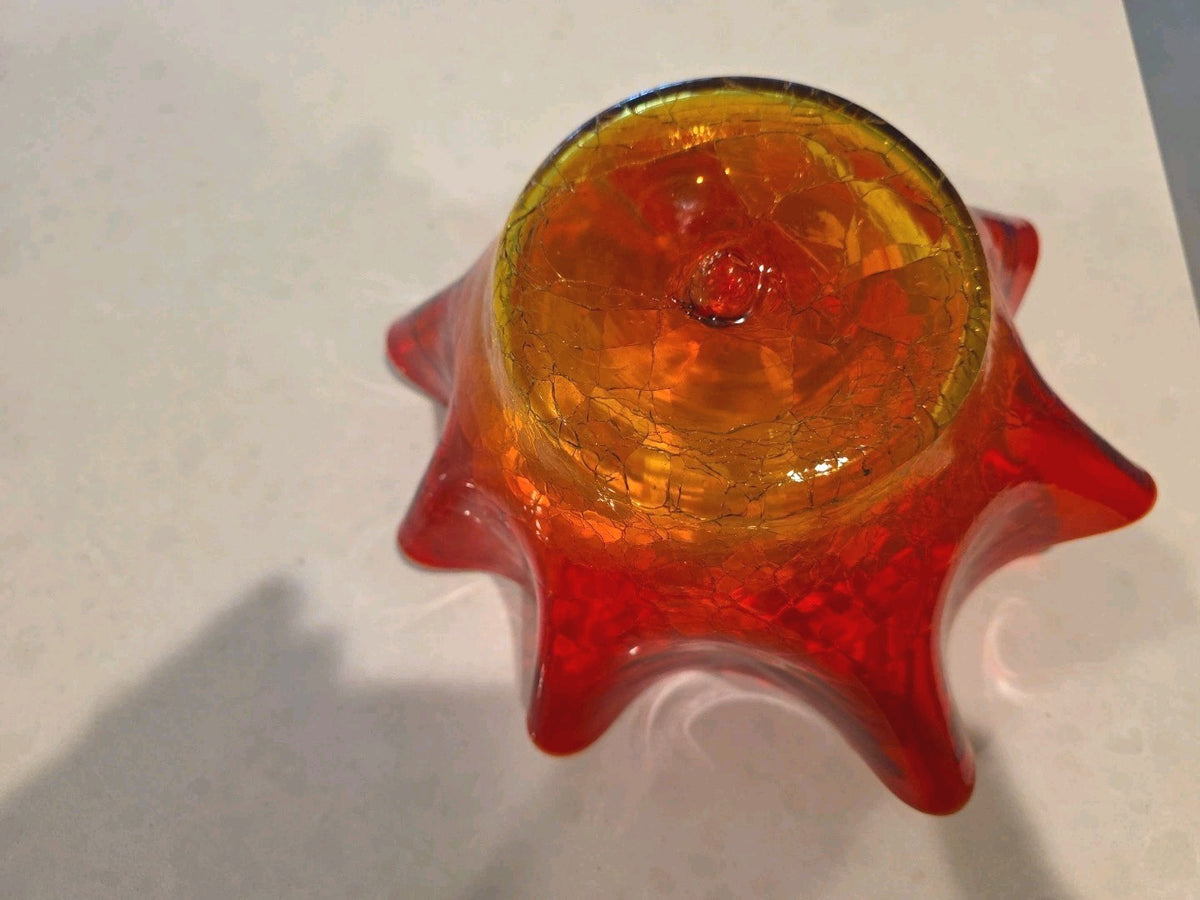 Vintage Blenko 3744 Tangerine Crackle Glass Bowl Hand Blown 9” Wayne Husted