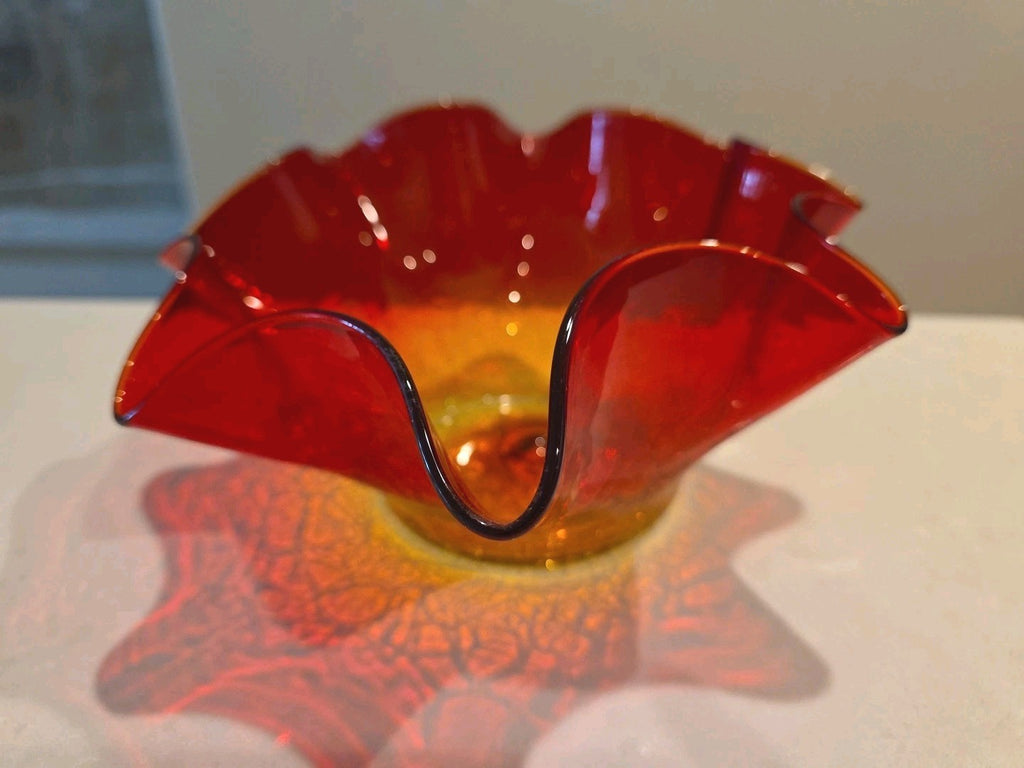 Vintage Blenko 3744 Tangerine Crackle Glass Bowl Hand Blown 9” Wayne Husted