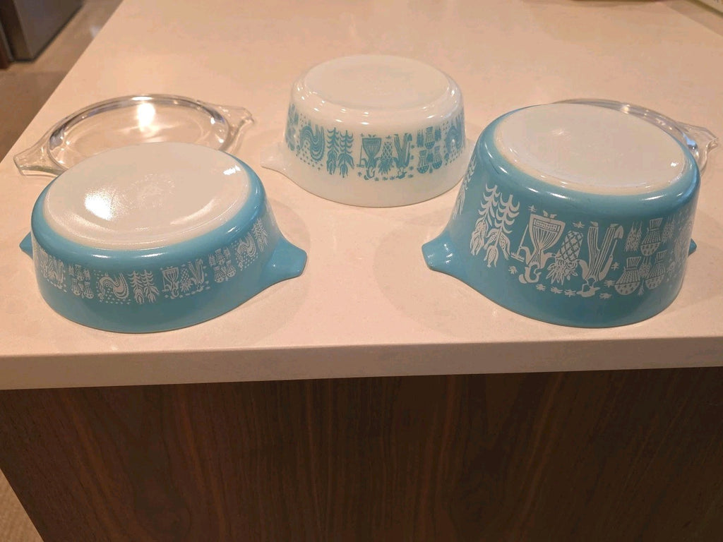 Vntg Pyrex Amish Butterprint Turquoise #471 472 473  3 Piece Casserole 2 Lids