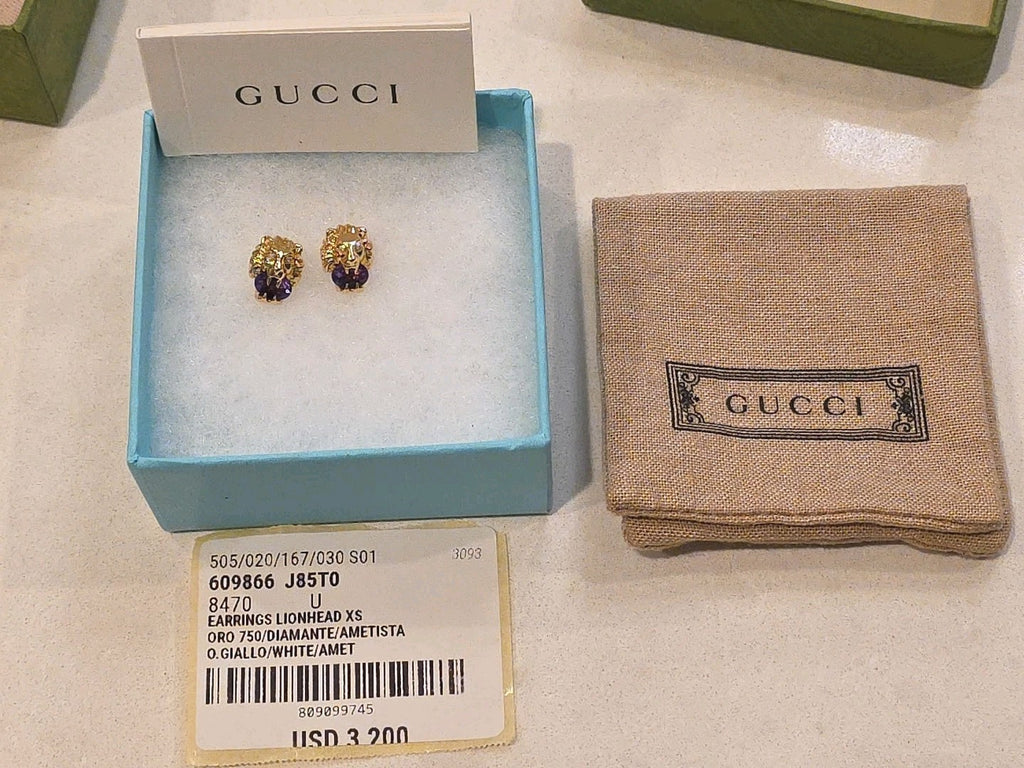 PETITE Gucci Lion Head 18K Gold, Amethyst & Diamond Earrings