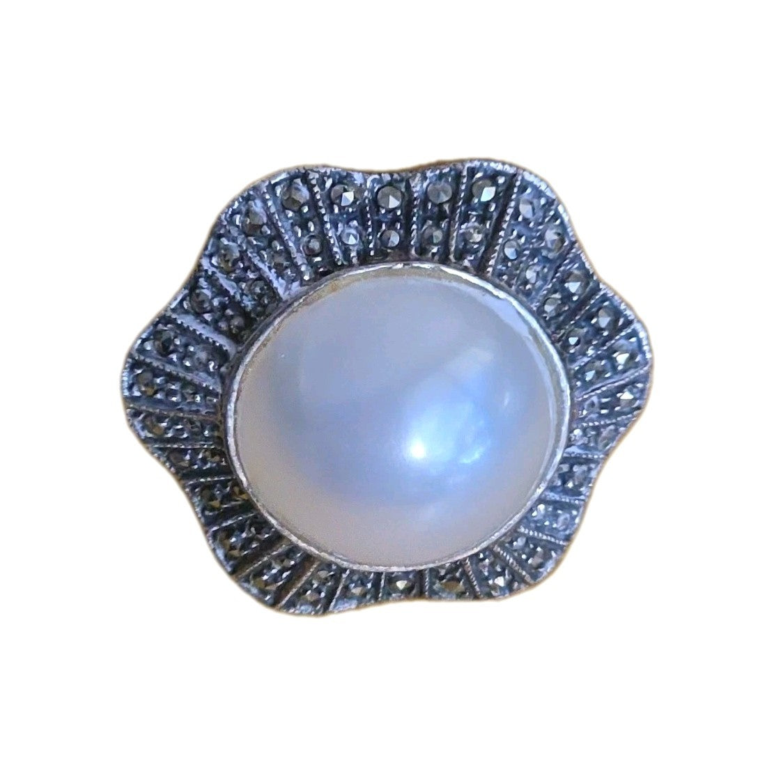 JUDITH JACK 925 Sterling Silver Vintage Faux Pearl & Marcasite Gem Ring Size 6.5