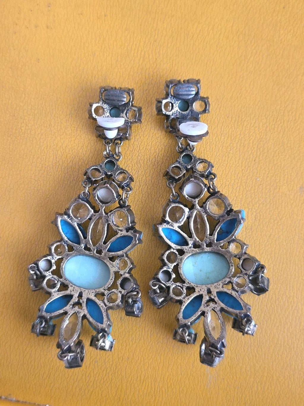 Hattie Carnegie Style Huge Turquoise Blue Cabochon Rhinestone Earrings