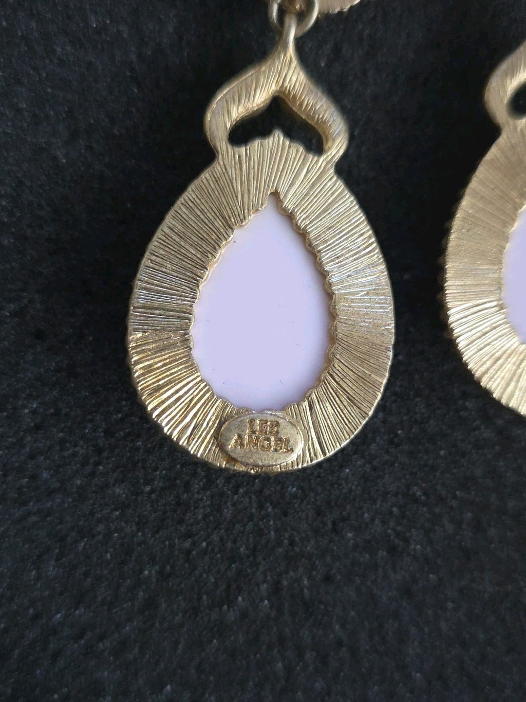 VTG LEE ANGEL Gold Tone Pink White Rhinestone Omega Back Dangle Earrings