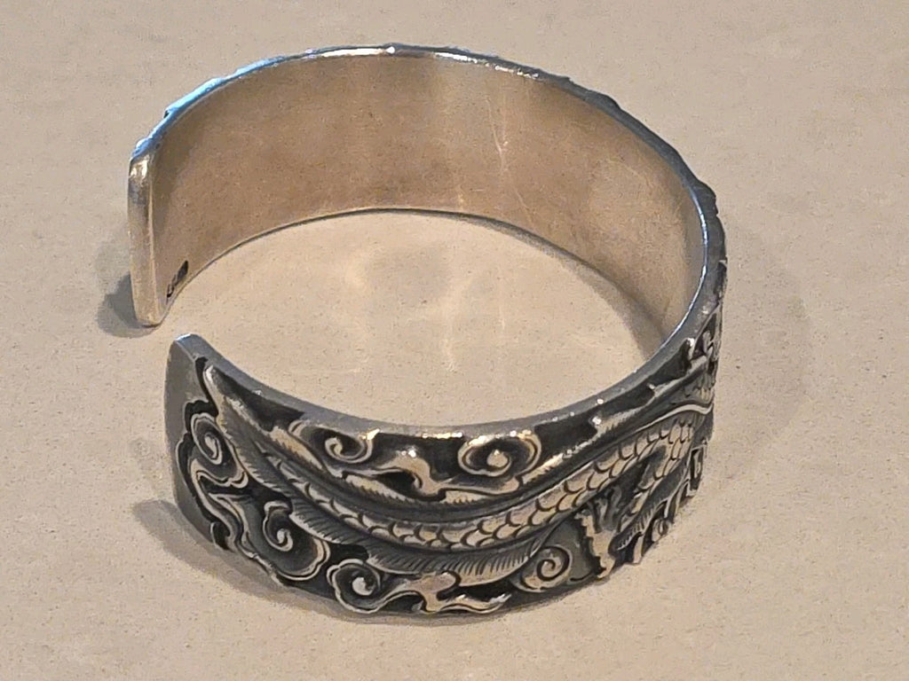 Solid S999 Fine Silver 999 Bracelet Men Women 1" W Dragon Open Bangle