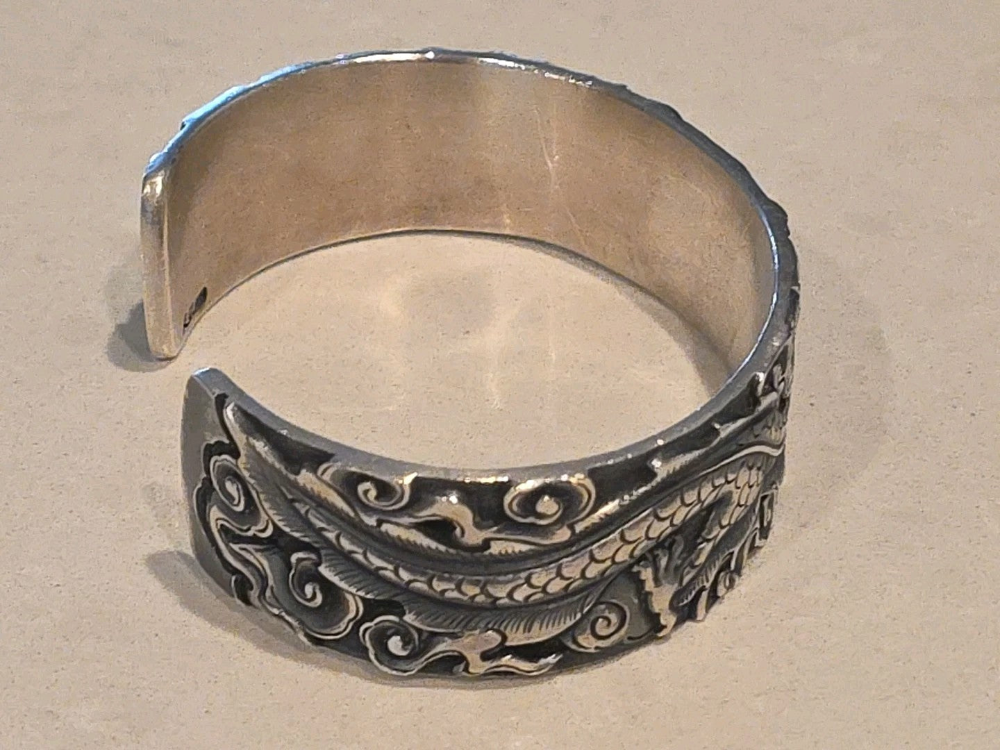 Solid S999 Fine Silver 999 Bracelet Men Women 1" W Dragon Open Bangle