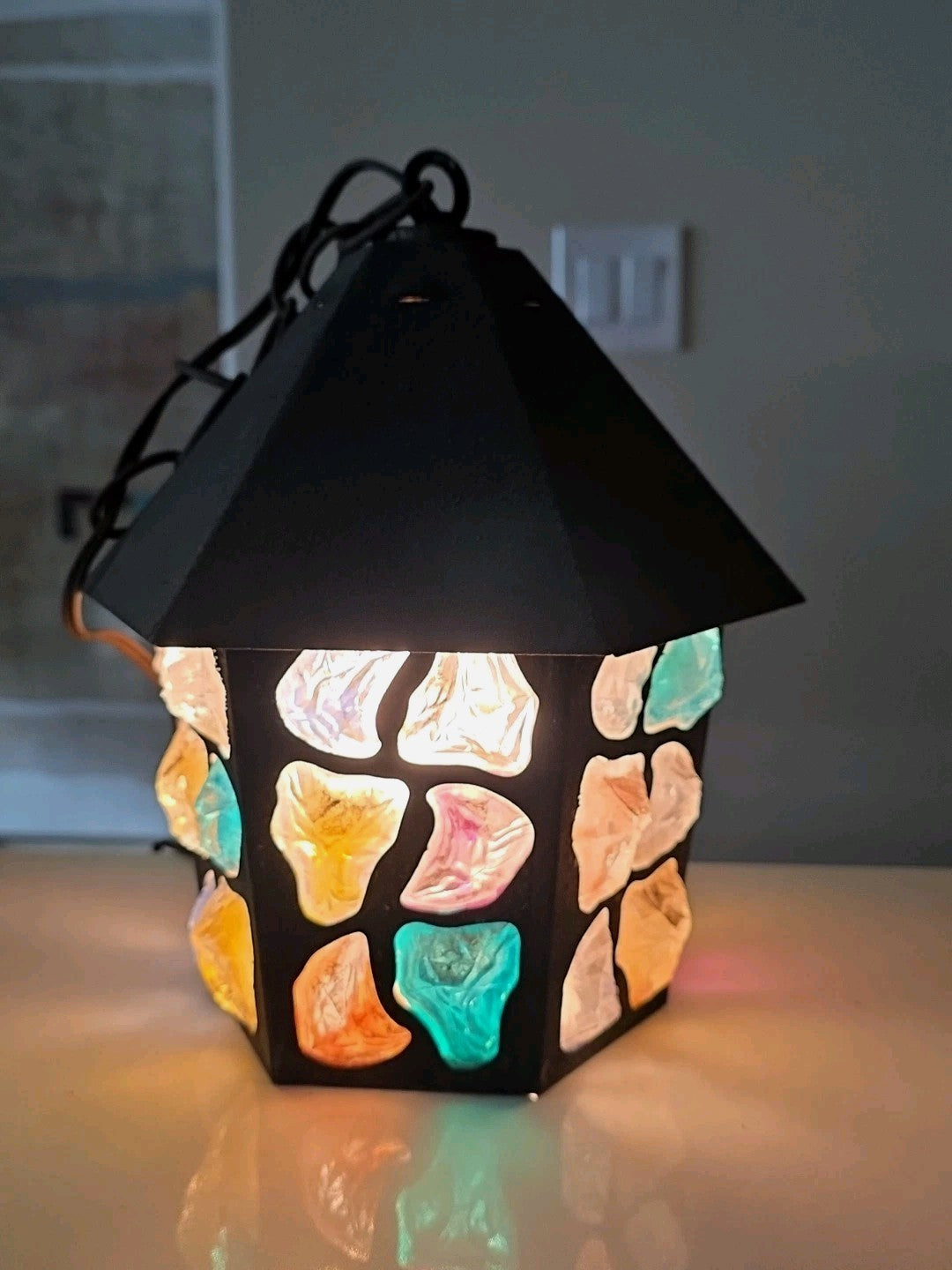 1950 Peter Marsh MultiColored Leaded Chunky Rock Glass Hanging Swag Lantern