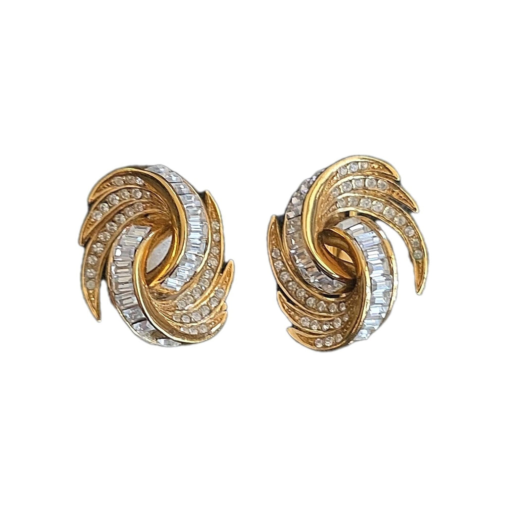 Vintage Art Deco 1980s Attwood Gold Plated Crystal Earring Clip On Signed A&S