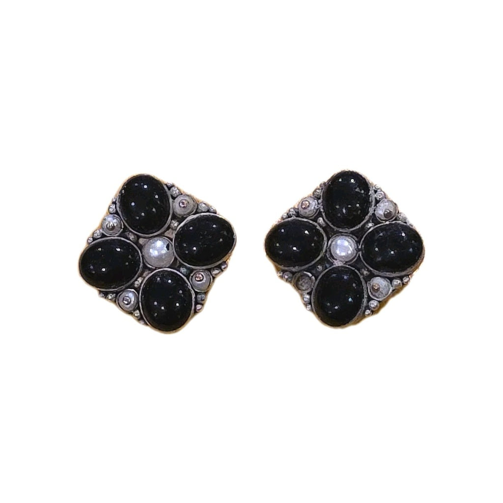 VINTAGE STERLING SILVER EARRINGS BLACK ONYX  CLIP-ON EARRINGS