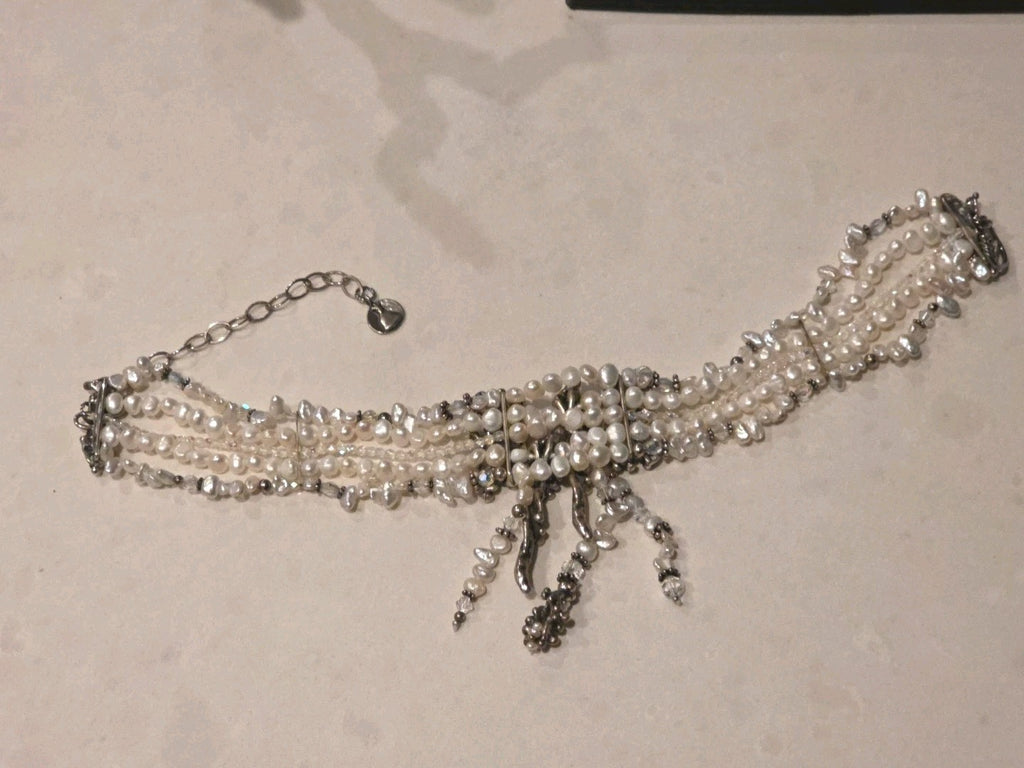 Vtg Sterling Mummy Necklace Choker MARY & DOUG HANCOCK Signed Freshwater Pearl