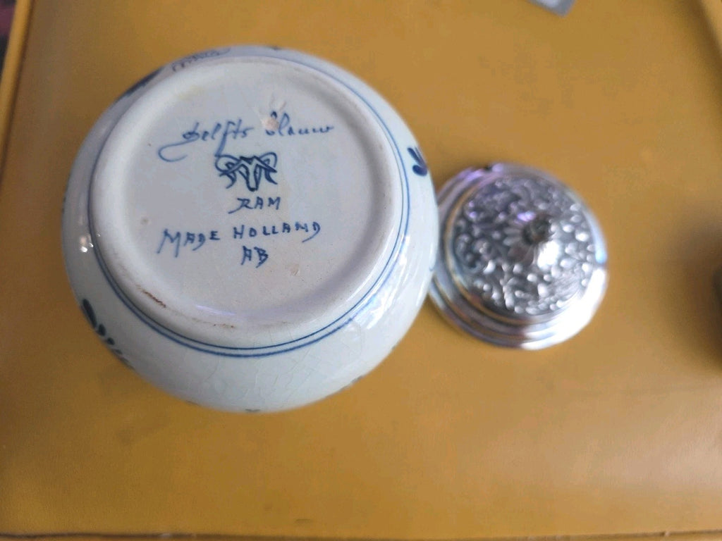 Delf Holland Handpainted Bonbonniere/ Mustard Dish With Silverplate Lid