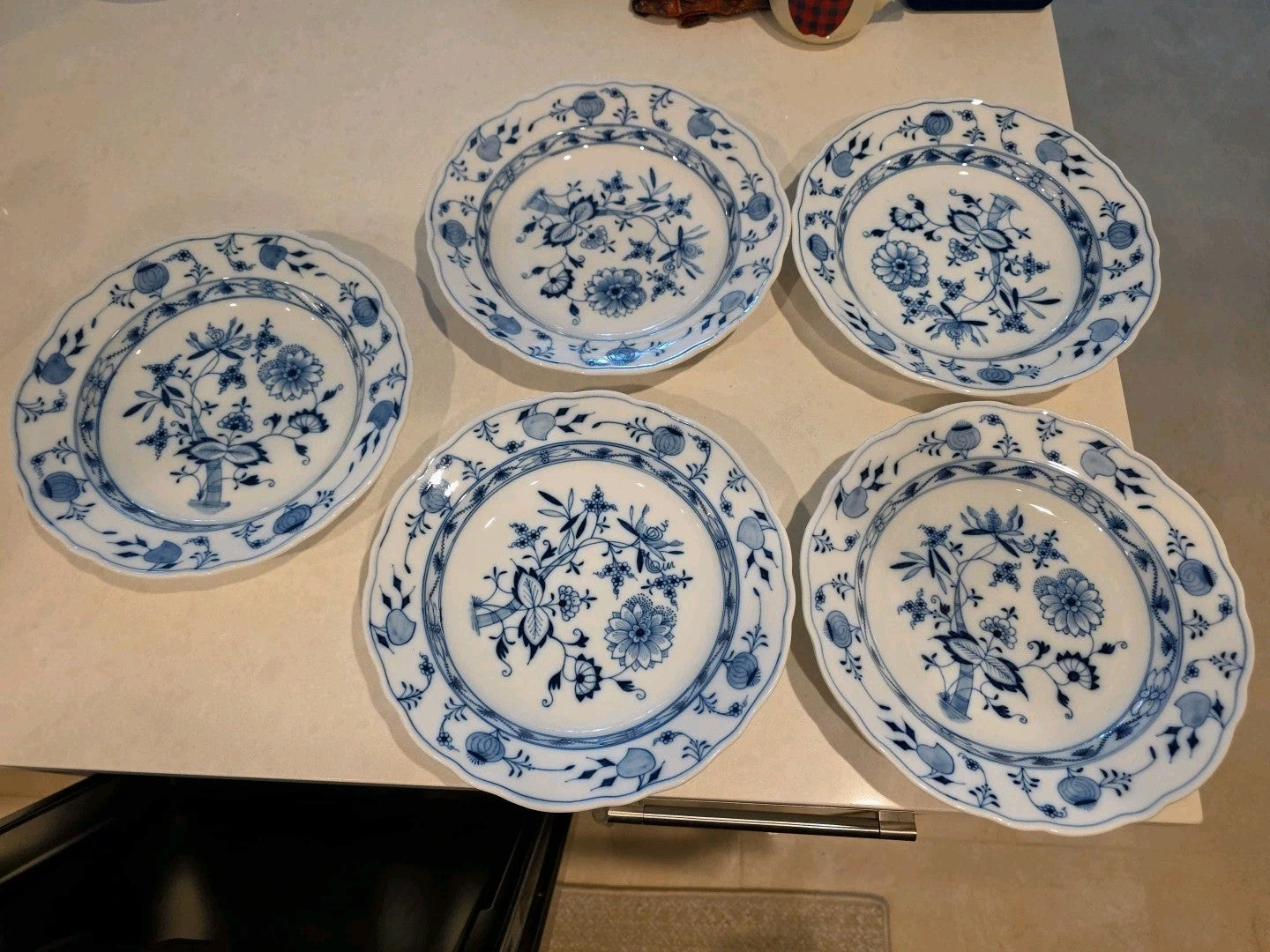 5 Antique Meissen Oval Backstamp Blue Onion Dinner Soup Plate