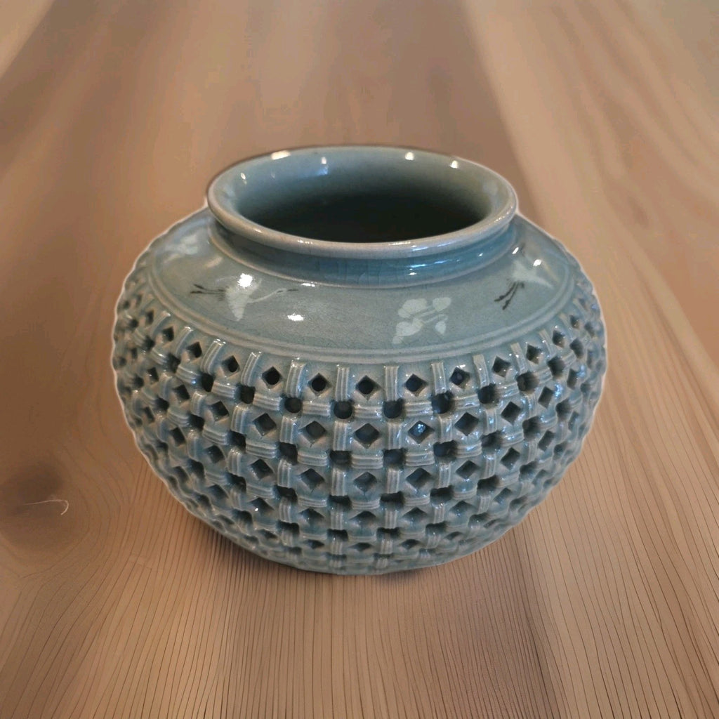 Midcentury Reticulated Korean Togetsu Celadon Vase With Flying Birds 6" Tall