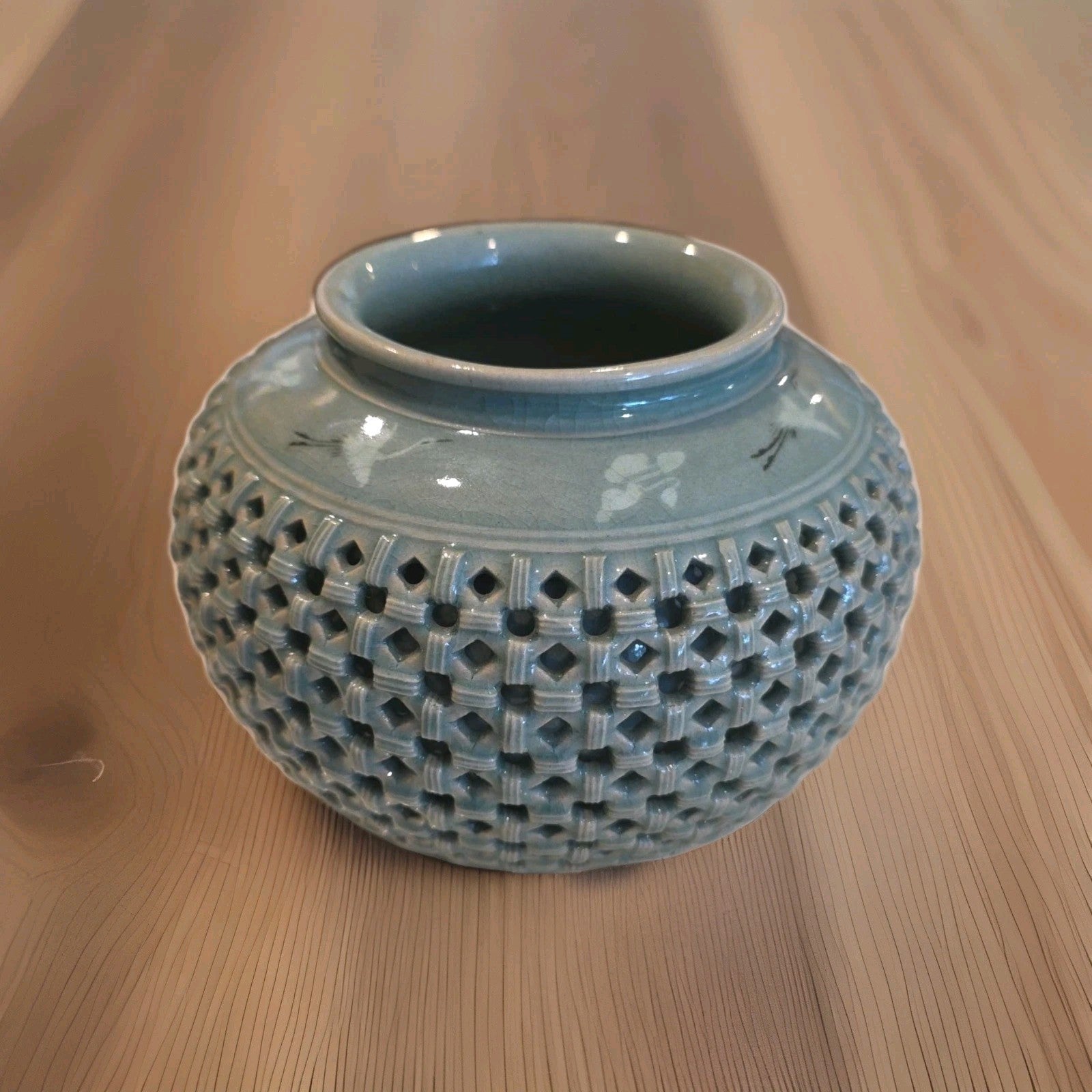 Midcentury Reticulated Korean Togetsu Celadon Vase With Flying Birds 6" Tall