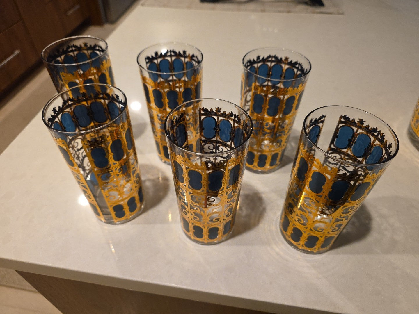 Six 1950 MCM Emerald Green 22k Gold Glasses Signed Culver Highball