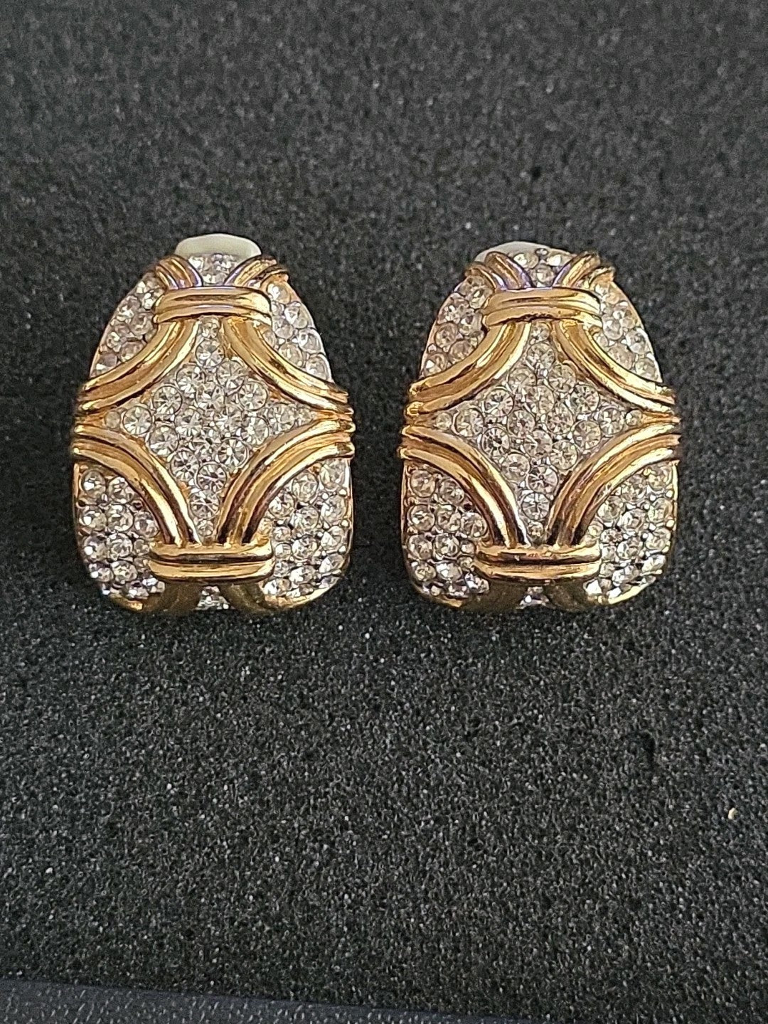 CINER 1980s Diamante Earrings Huge Gold-plated White Crystal Signed Clip-ons