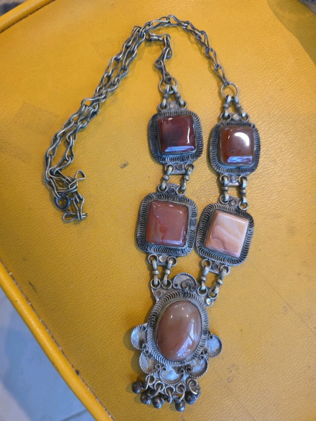 Vintage Art Deco Semi Precious Stones Metal Choker Necklace