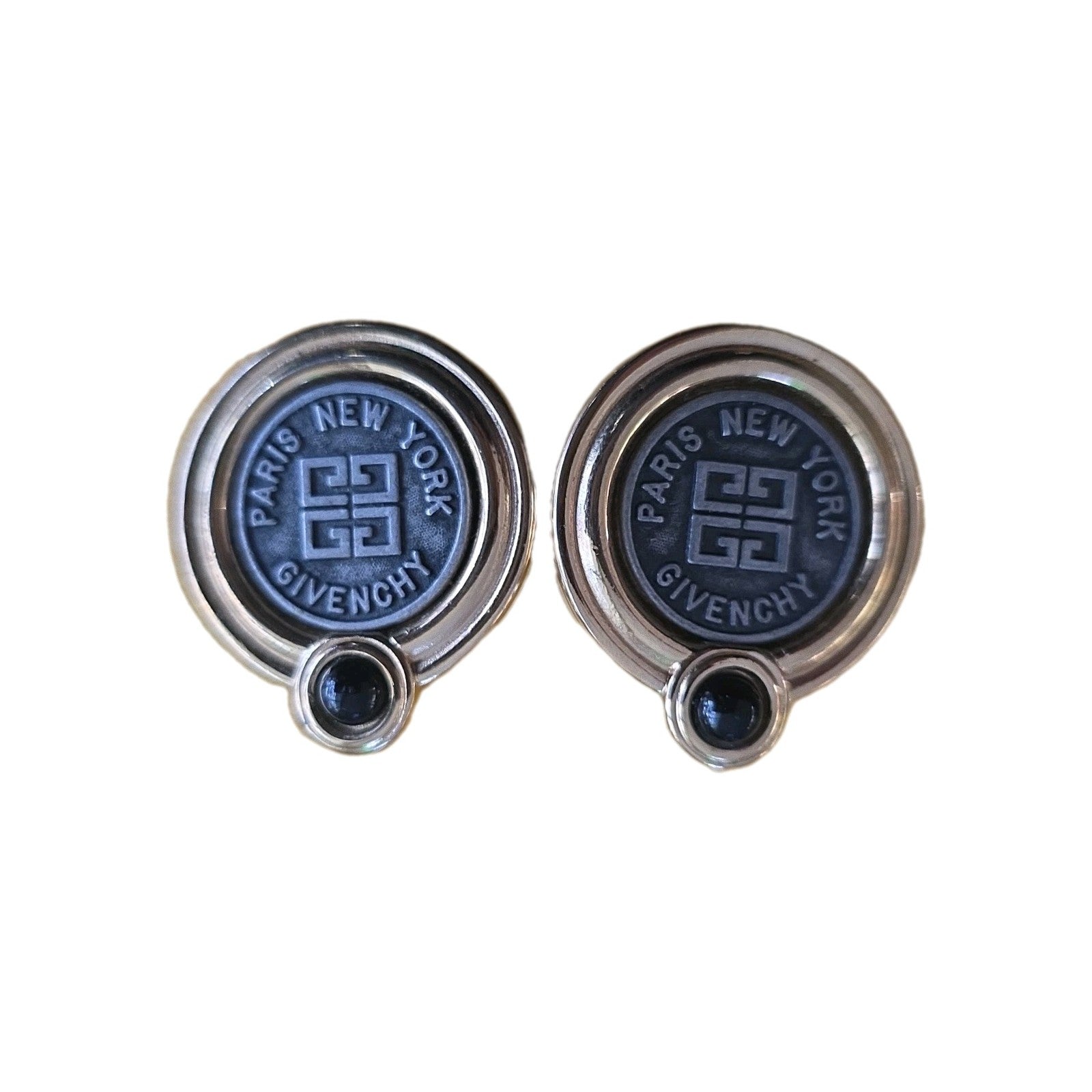 Givenchy Paris New York Logo Coin Blue Cabochon CLIP-ON Earrings Gold tone