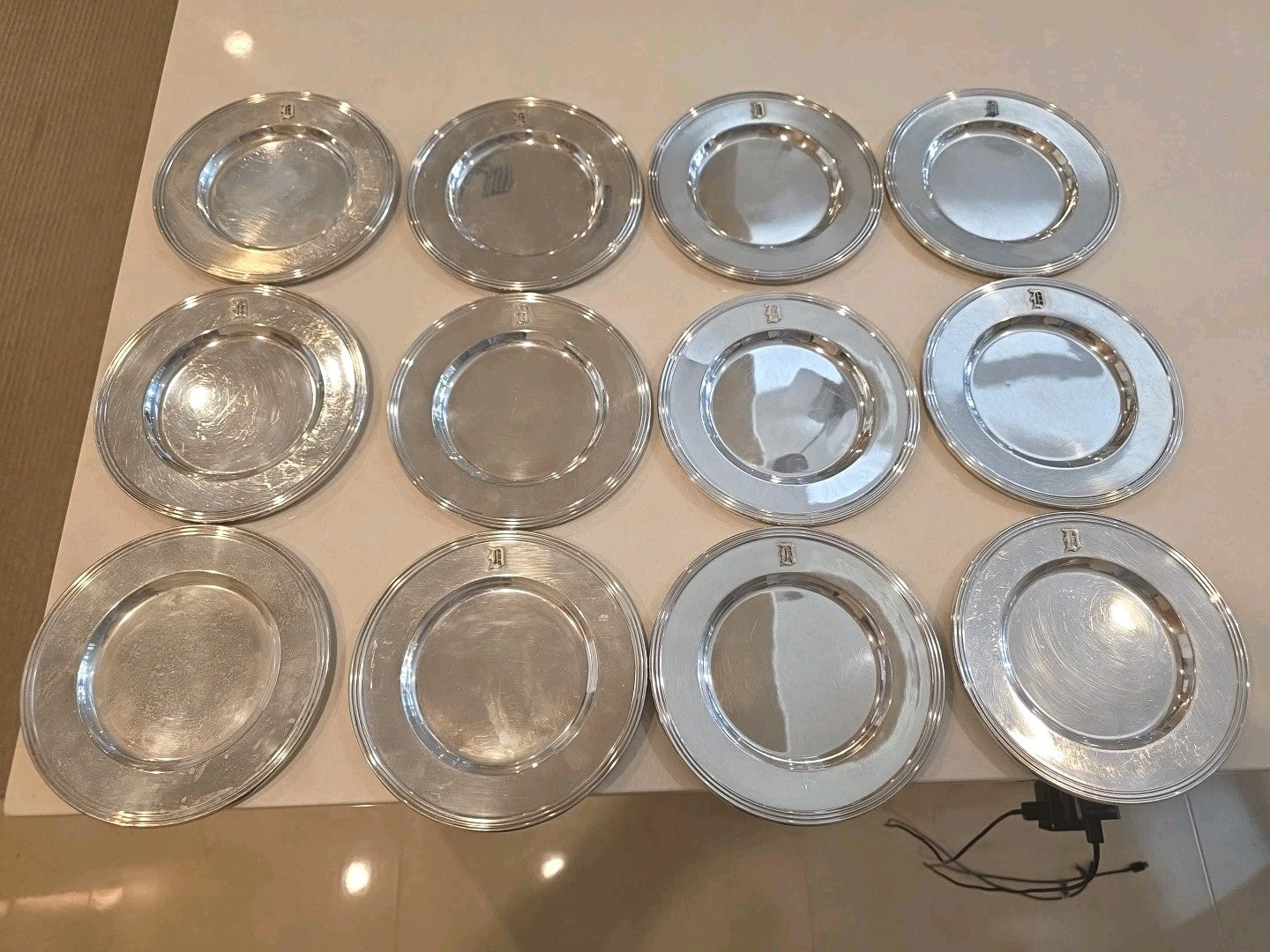 Antique Set of 12 Monogram Sterling Silver Bread & Butter 6" Plates