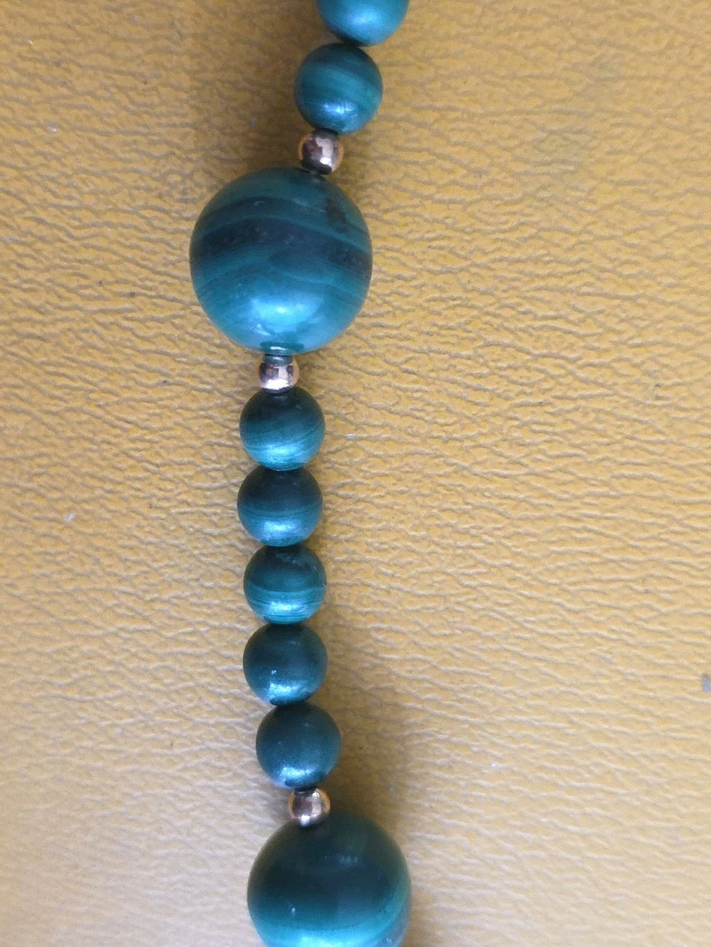 Vintage Genuine Malachite Long Strand Bead Necklace 30" Gold Beads