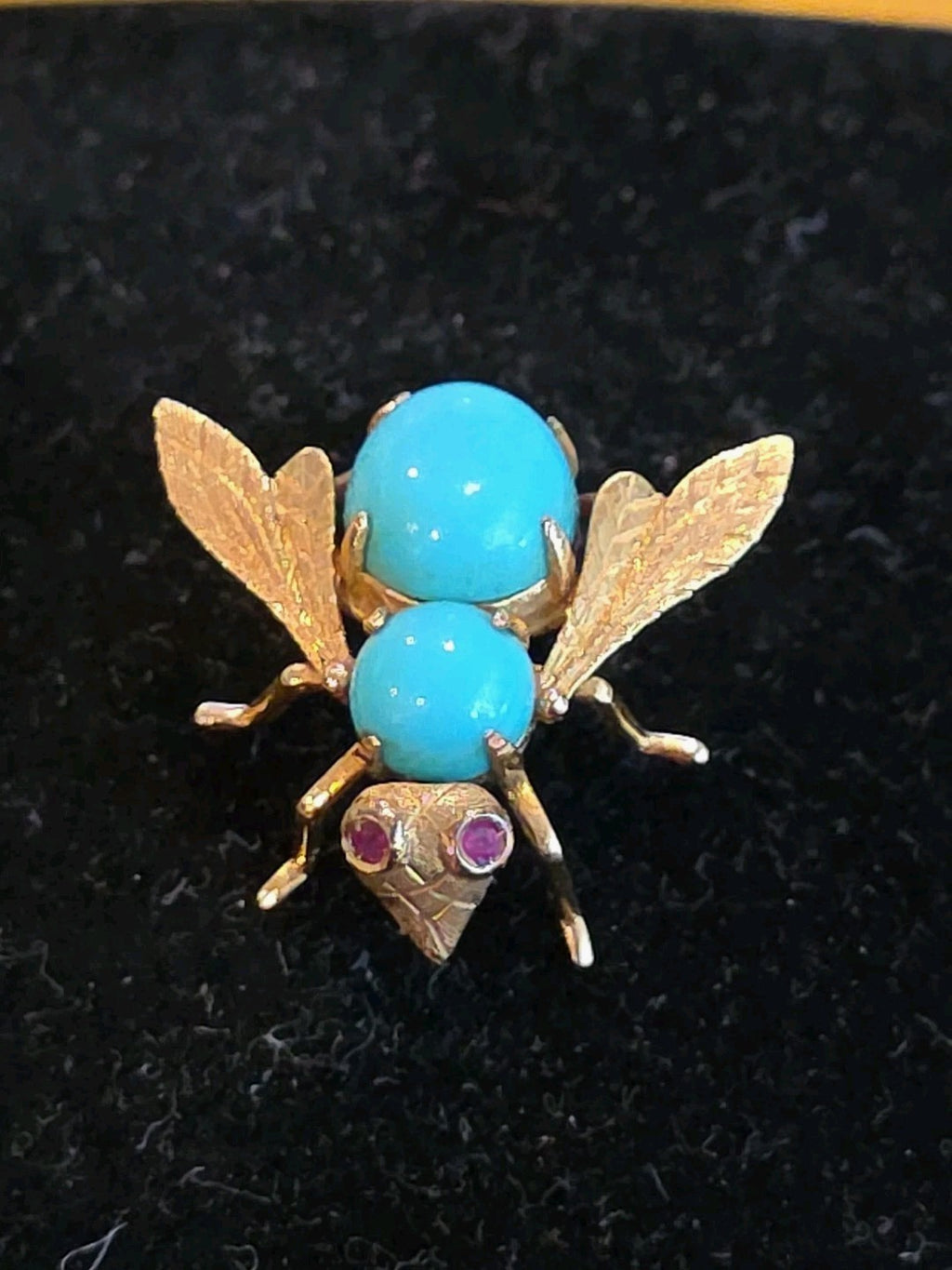 Vintage Turquoise 18K Yellow Gold Ruby 3D Bumble Bee Pin Brooch