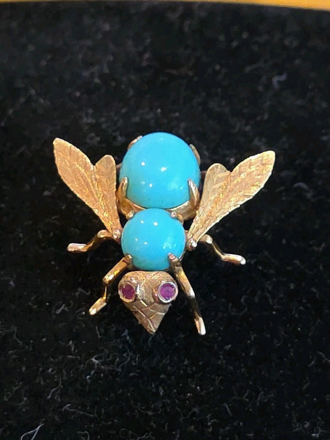 Vintage Turquoise 18K Yellow Gold Ruby 3D Bumble Bee Pin Brooch