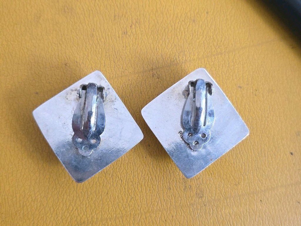 Vintage Taxco Square Sterling Silver Clip On Earrings