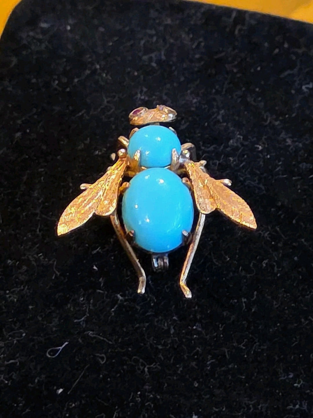 Vintage Turquoise 18K Yellow Gold Ruby 3D Bumble Bee Pin Brooch