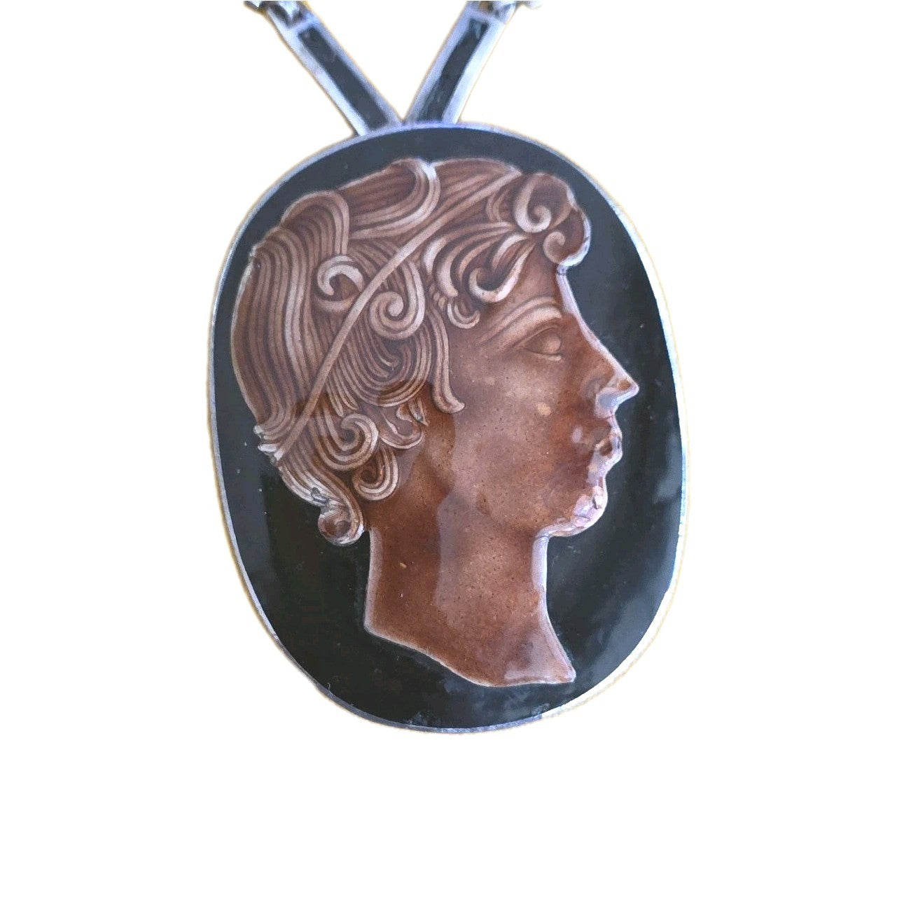 MARGOT DE TAXCO ENAMELED ROMAN PENDANT BOOCH W/DETACHABLE 22" CHAIN