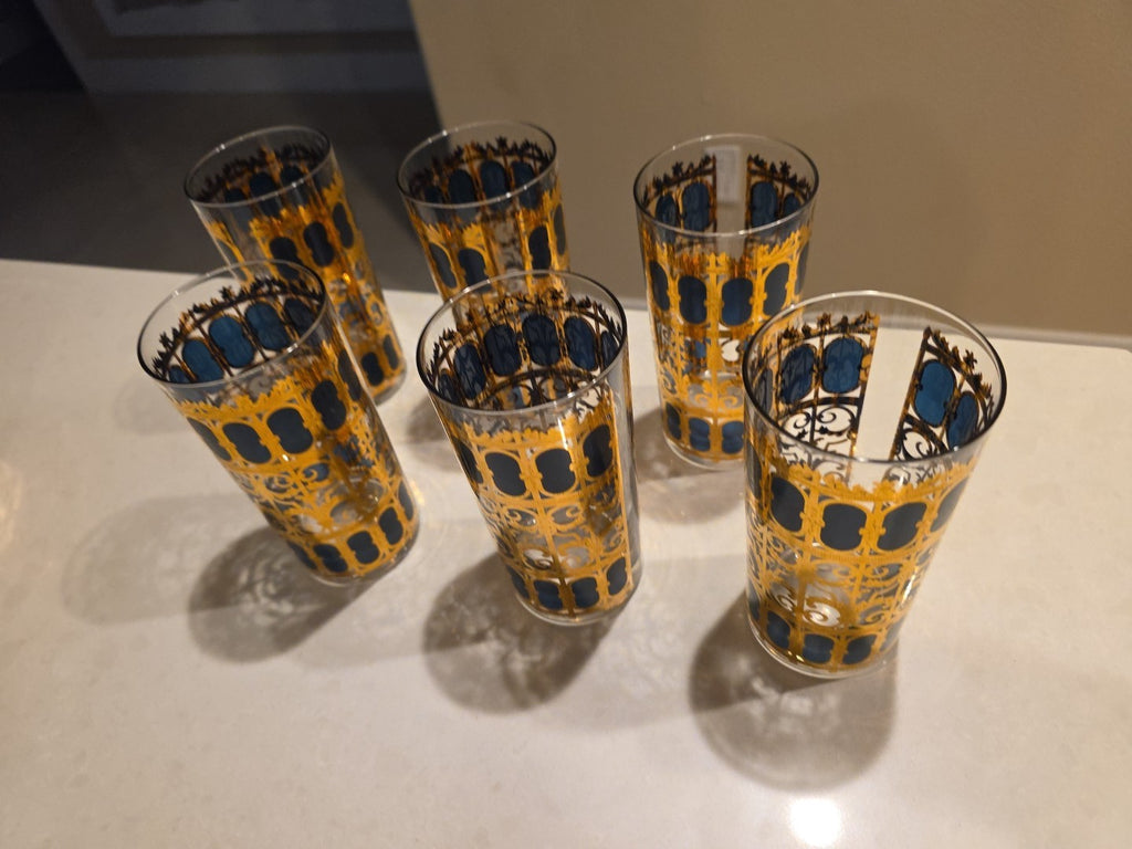 Six 1950 MCM Emerald Green 22k Gold Glasses Signed Culver Highball