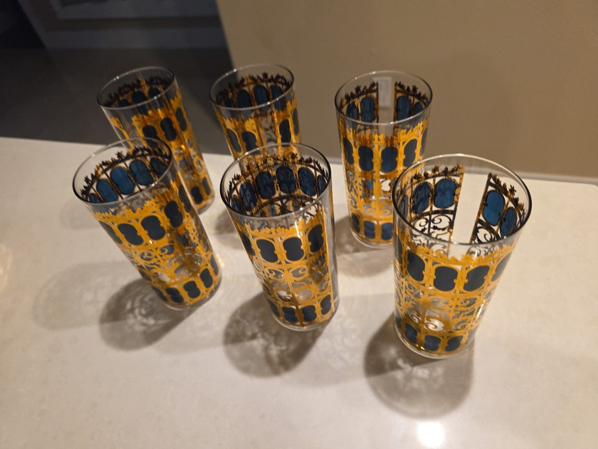 Six 1950 MCM Emerald Green 22k Gold Glasses Signed Culver Highball