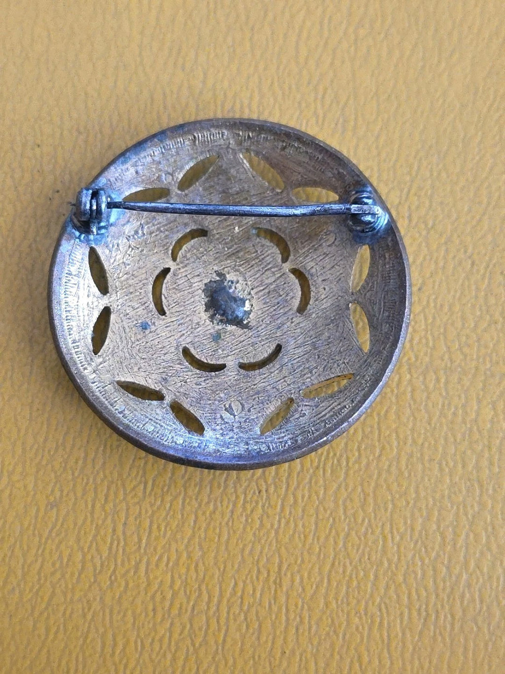 Antique Large  Gilded French Champleve Enamel Button Brooch Pin 1 3/8" Dia.