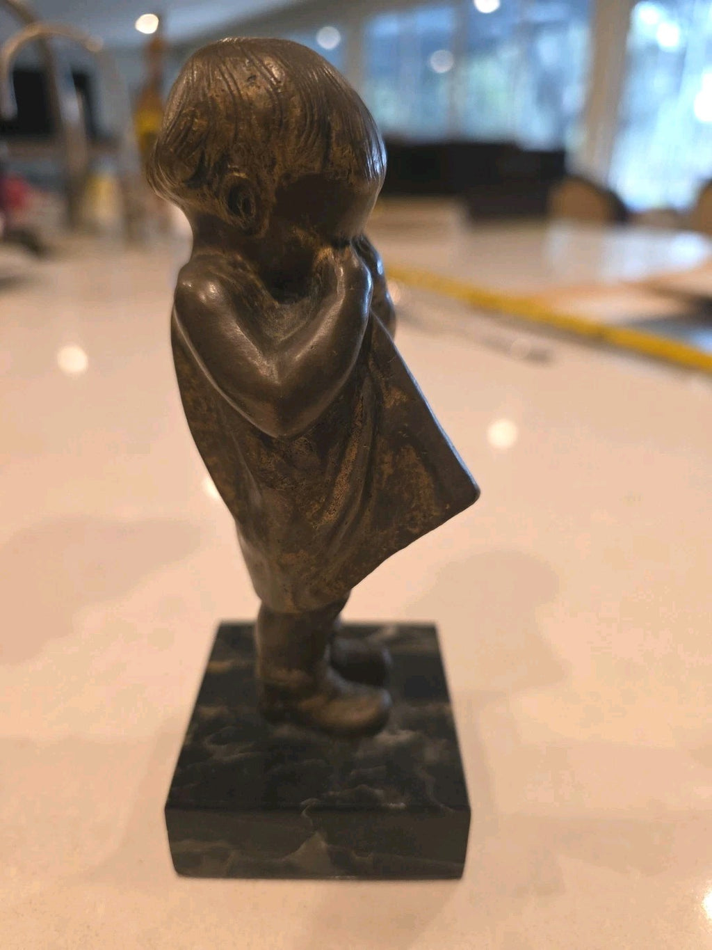 Cast Bronze Figurine Of A Boy Crying Into His Shirt On A Marble Plinth Vintage