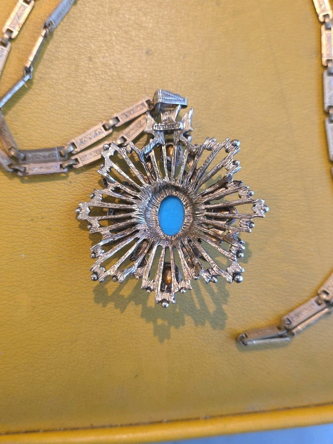 Vintage 1960 Florenza Gold Tone Signed Faux Turquoise Ruby Pendant Necklace