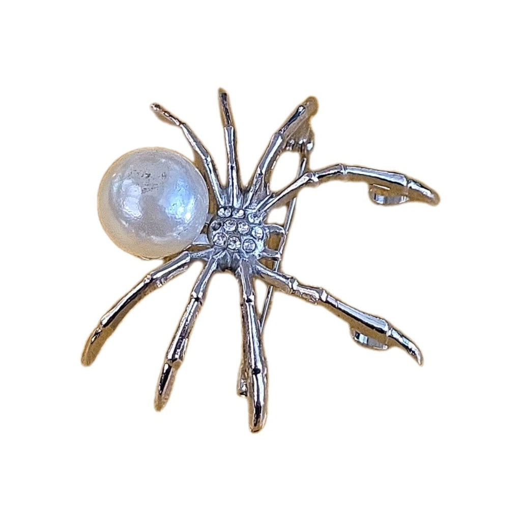 Spider Silver Tone Brooch Faux Pearl Rhinestones Fashion Jewelry Pin Halloween