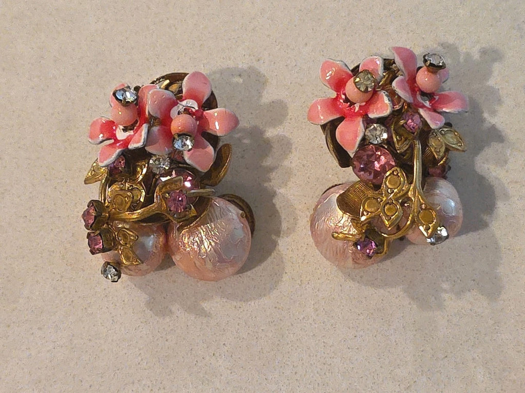 Rare Unmarked Mariam Haskell Pink & Pearl Ornate Classic Necklace & Earrings Set