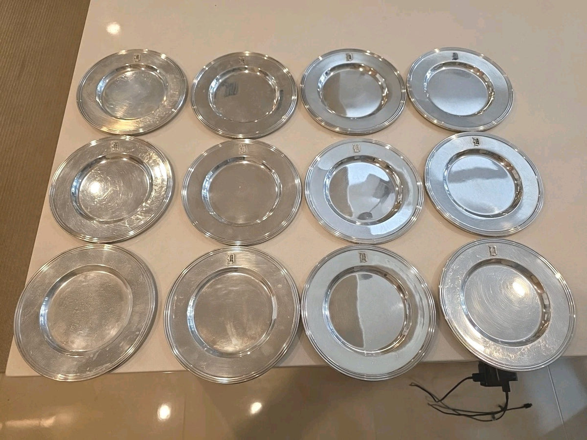 Antique Set of 12 Monogram Sterling Silver Bread & Butter 6" Plates