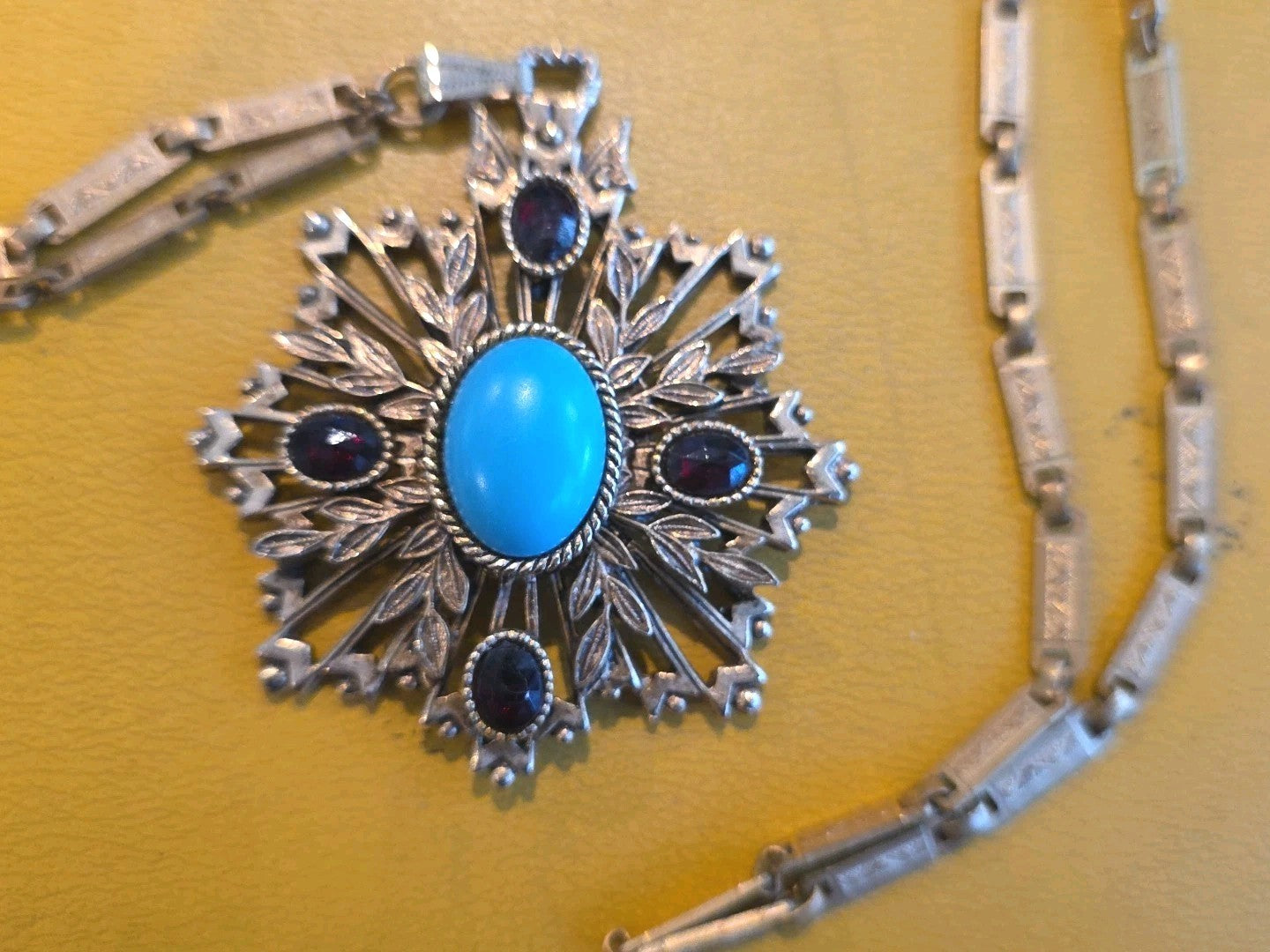 Vintage 1960 Florenza Gold Tone Signed Faux Turquoise Ruby Pendant Necklace