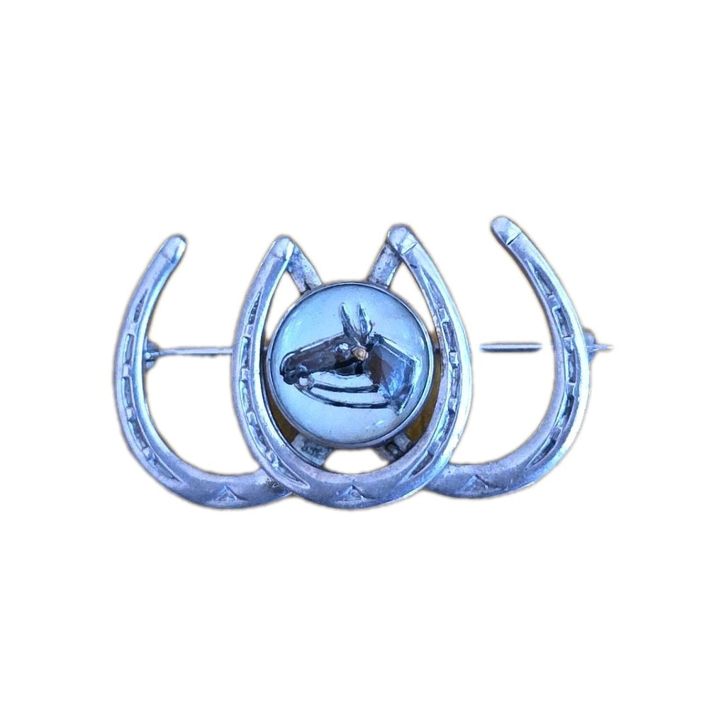 Sterling 3 Horseshoe Intaglio Reverse Painted Crystal Equestrian Pin Brooch