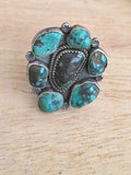 Huge Navajo Ring 925 Silver Natural Turquoise 7 Stone