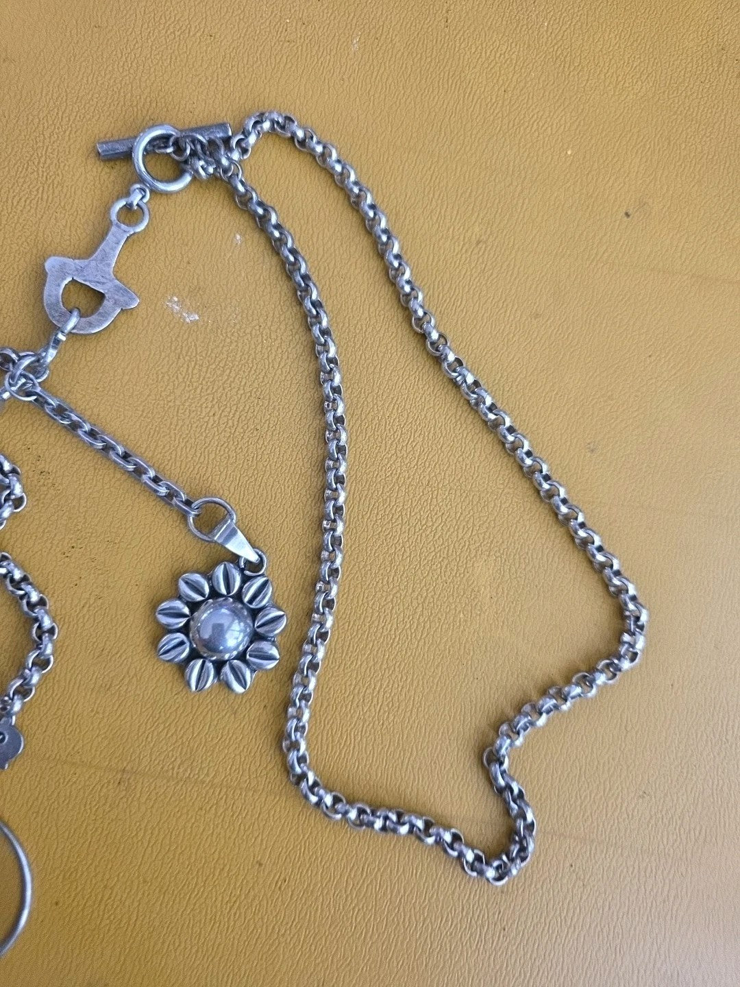 Antique Fine Sterling Silver Albert Graded Links Chain With 4 Charms Necklace