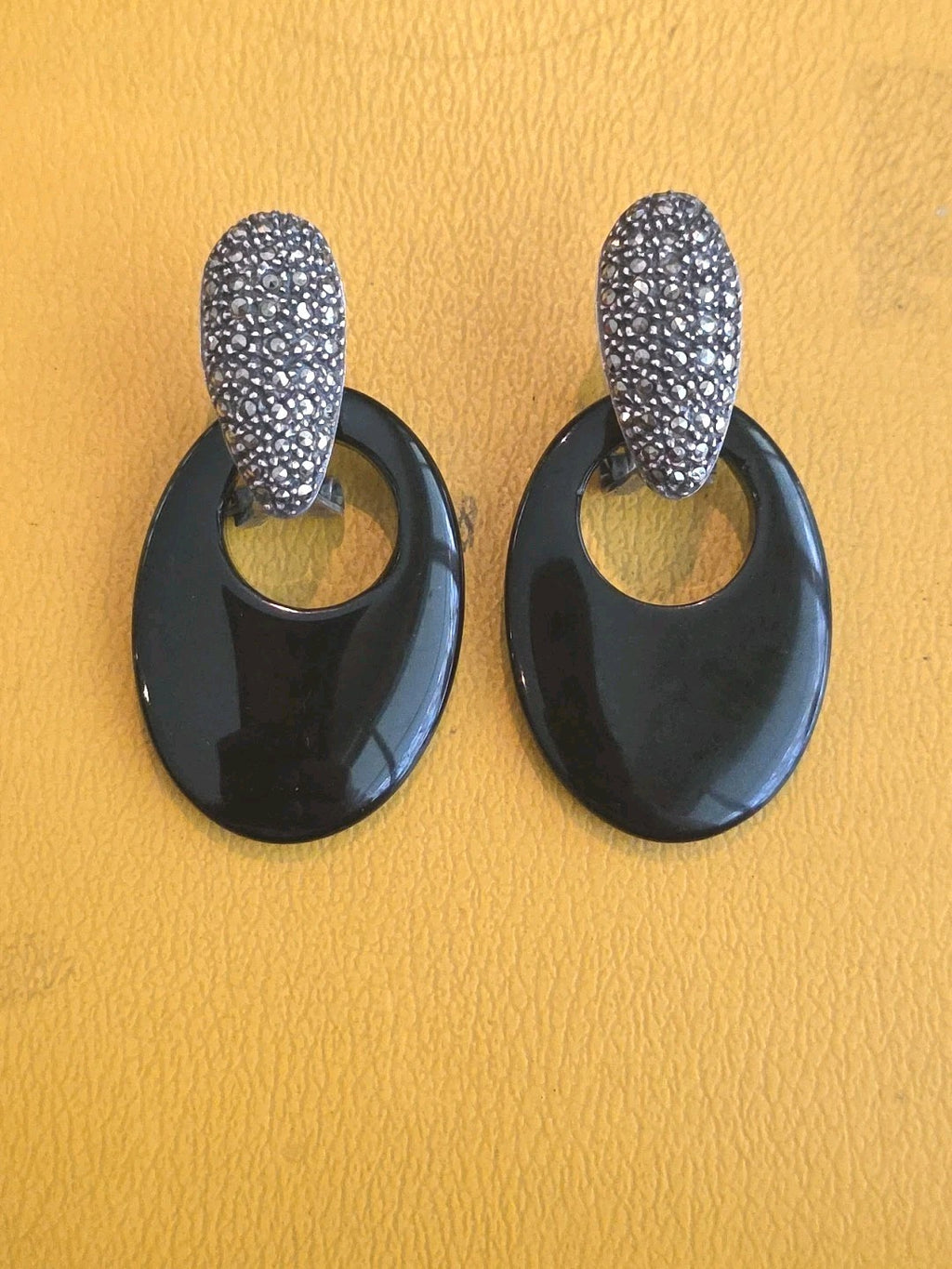 Vintage Round Taxco Mexico 925 Sterling Silver Black Onyx Dangle Earrings
