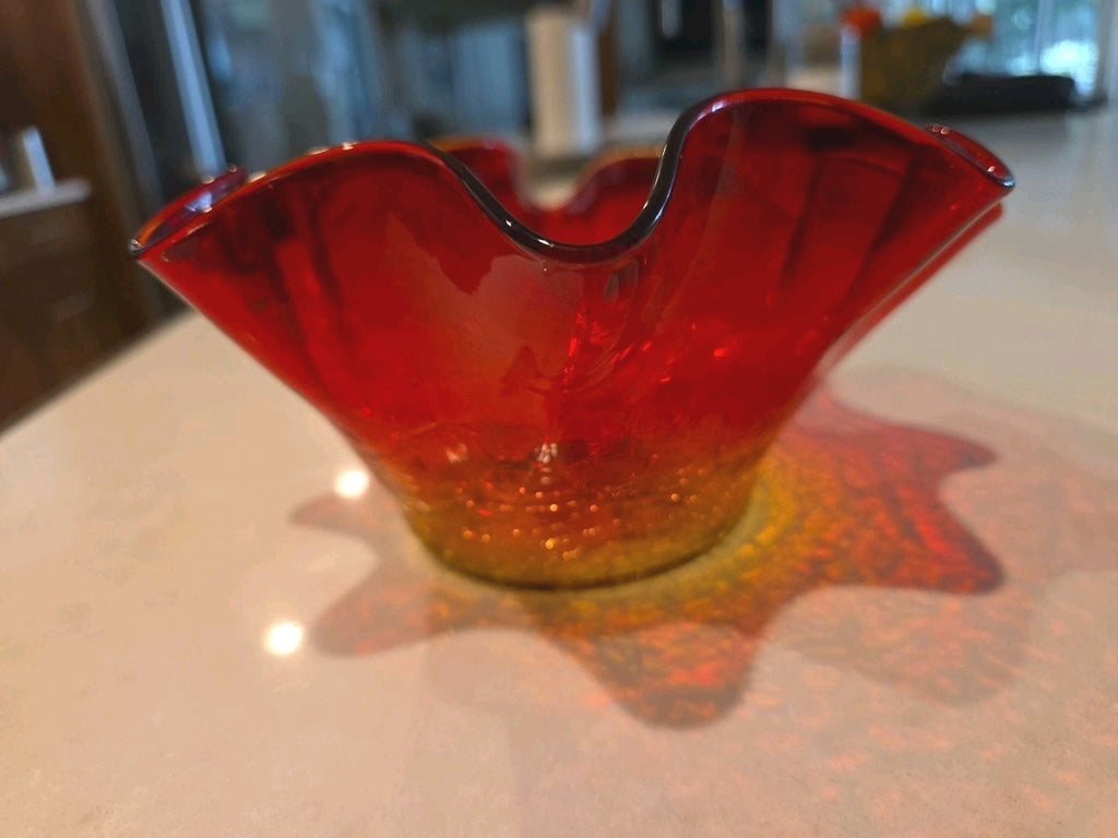 Vintage Blenko 3744 Tangerine Crackle Glass Bowl Hand Blown 9” Wayne Husted