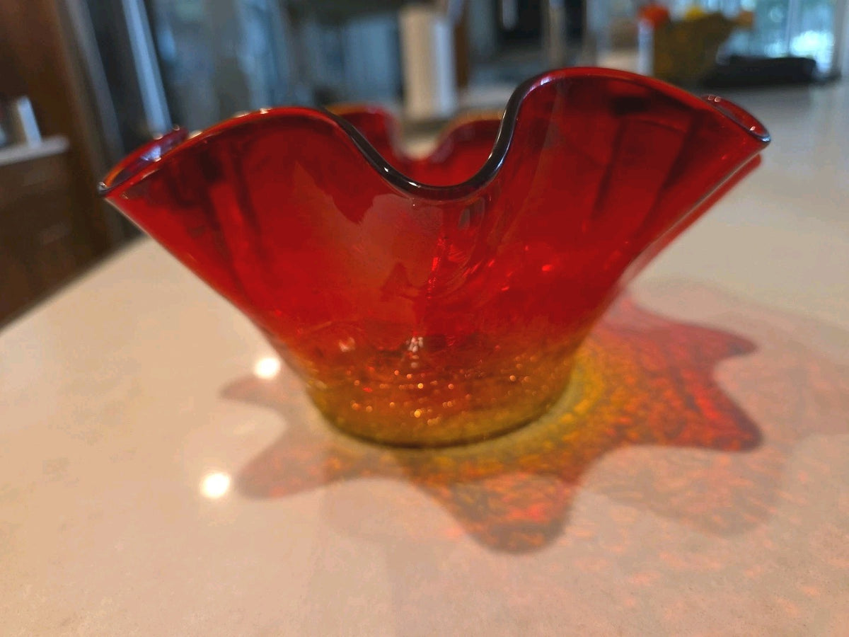 Vintage Blenko 3744 Tangerine Crackle Glass Bowl Hand Blown 9” Wayne Husted