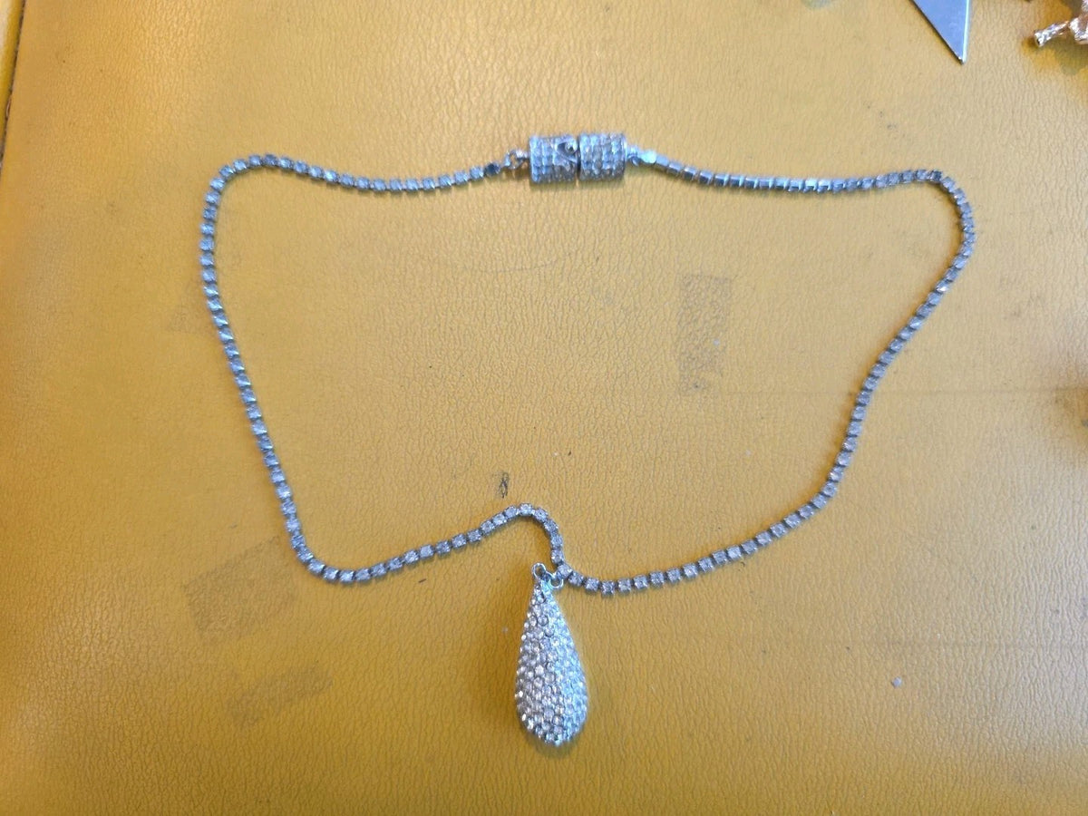 Les Bernard Inc Rhinestone Chain Thin Slim Single Row Necklace & Pendant