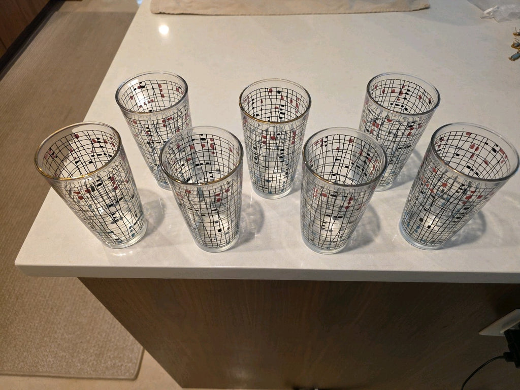 7 Vintage 1950’s Hazel Atlas Geometric Crosshatch Drinking Glasses Tumblers
