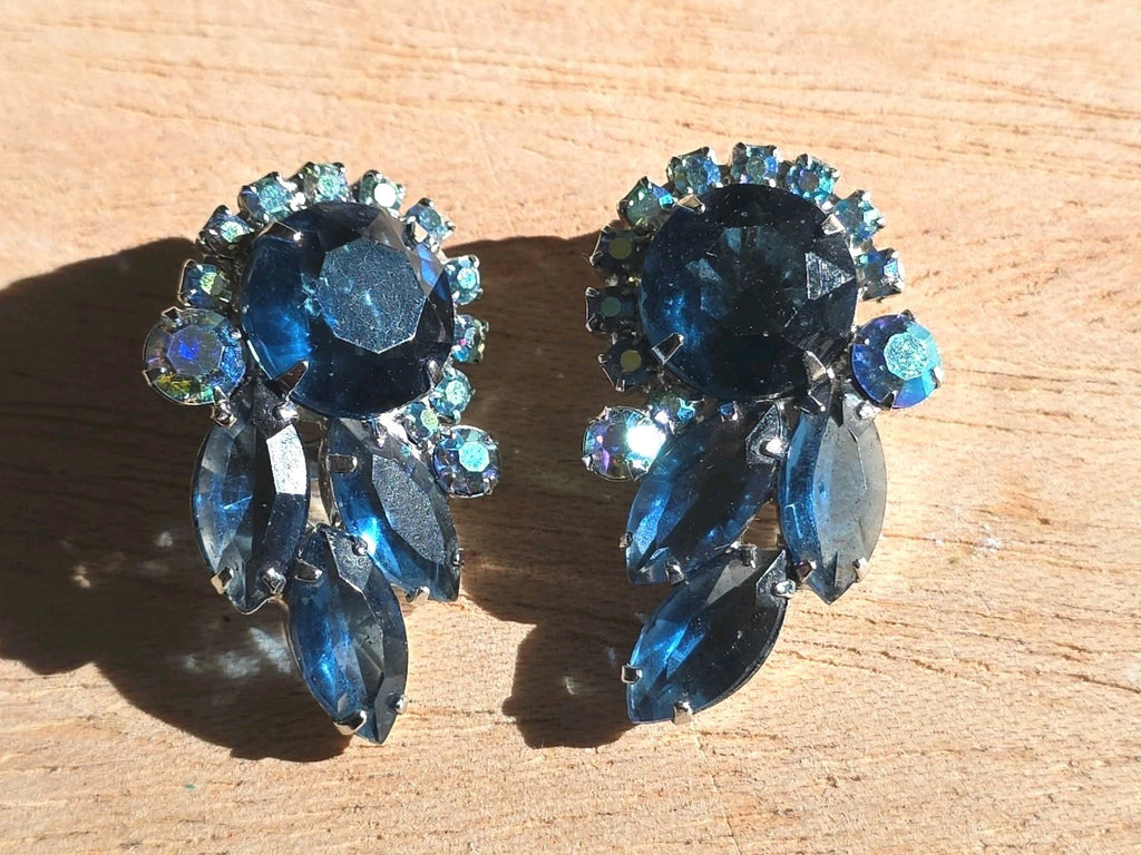 Blue Rhinestone Clip On Earrings Silver Tone Vintage