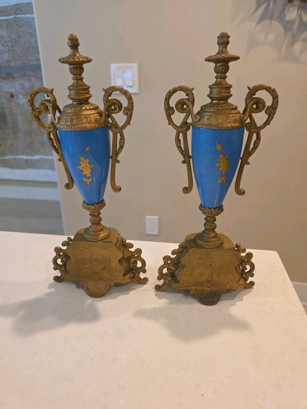 Pair 13" Sevres Style Hand Painted Porcelain Twin Handled Covered Urns