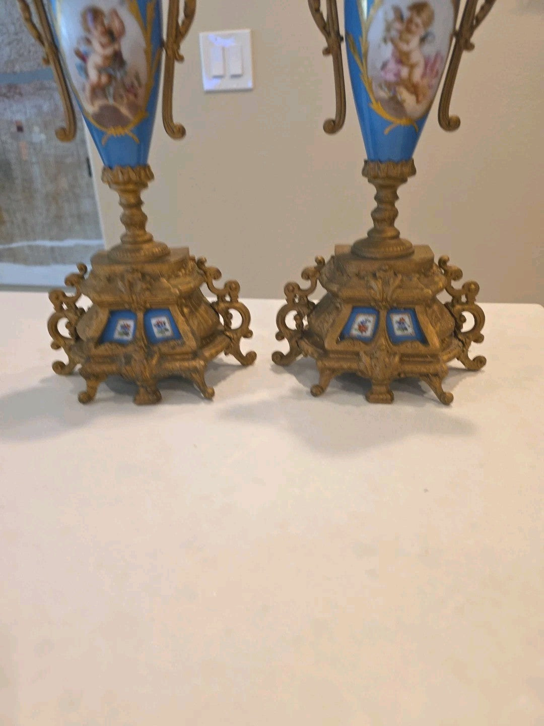Pair 13" Sevres Style Hand Painted Porcelain Twin Handled Covered Urns
